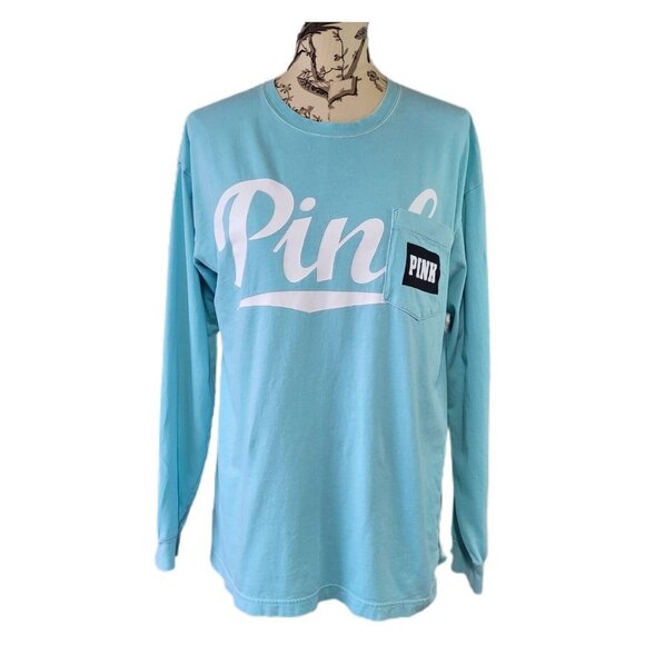 Victoria Secret PINK Size Small Long Sleeve Logo Gray Shirt Front Pocket - Picture 1 of 7